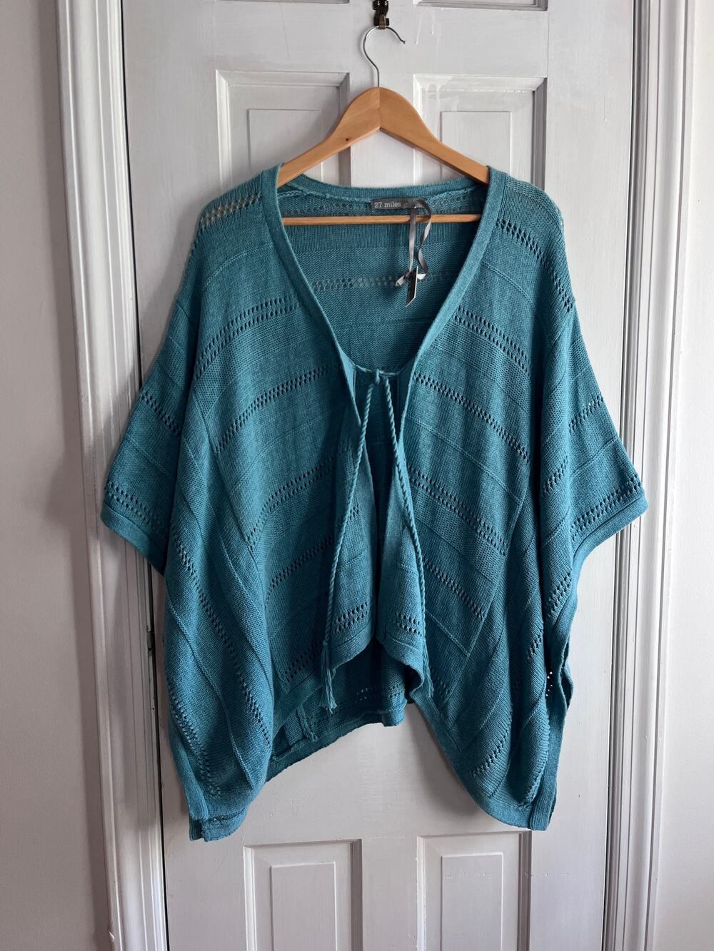 27 Miles Malibu Carola Open Knit Cape Poncho Wrap Blue Snap Sleeves M/L $268